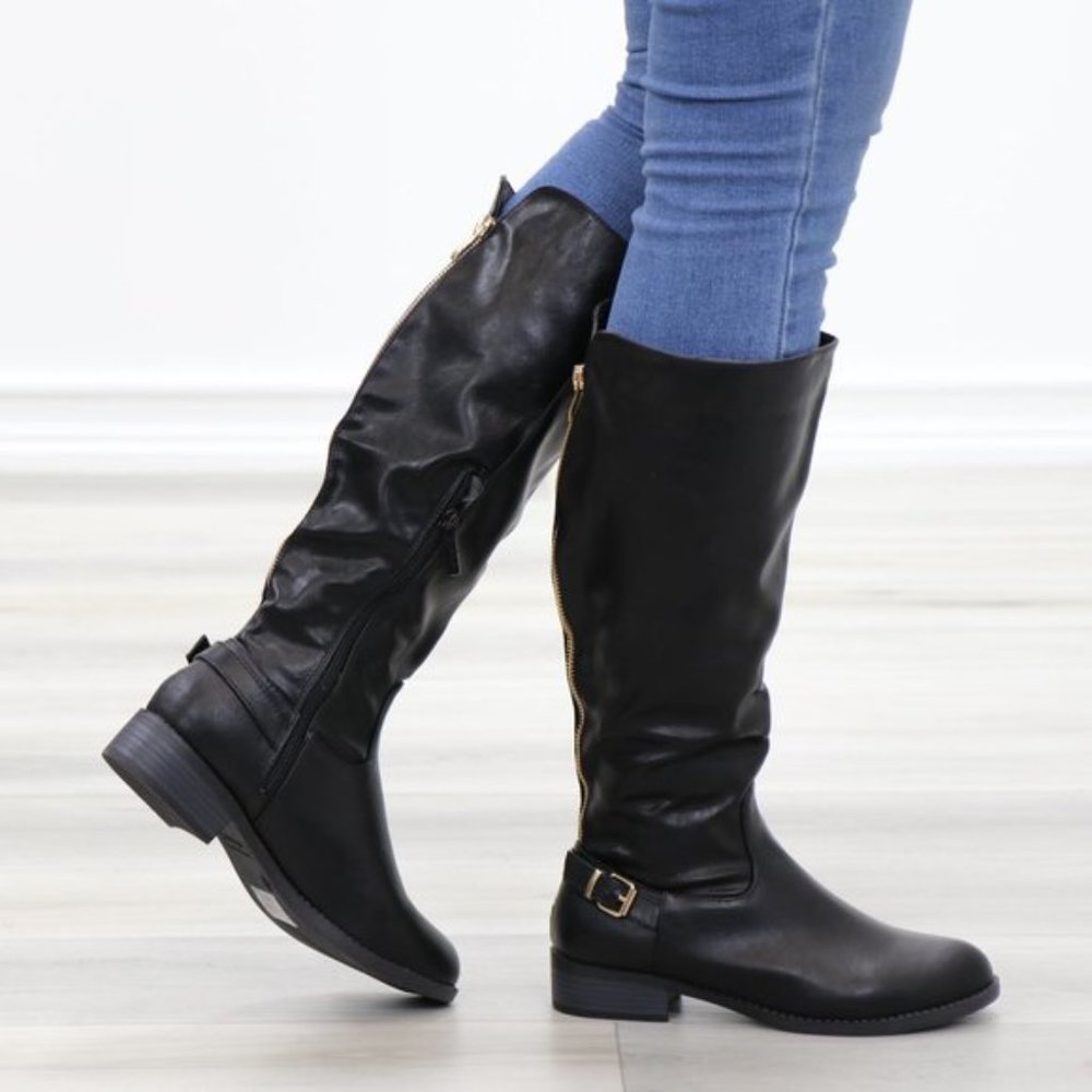 Rider Chick Mid Calf Boots Gold Buckle & Zipper - Picture 3 of 12